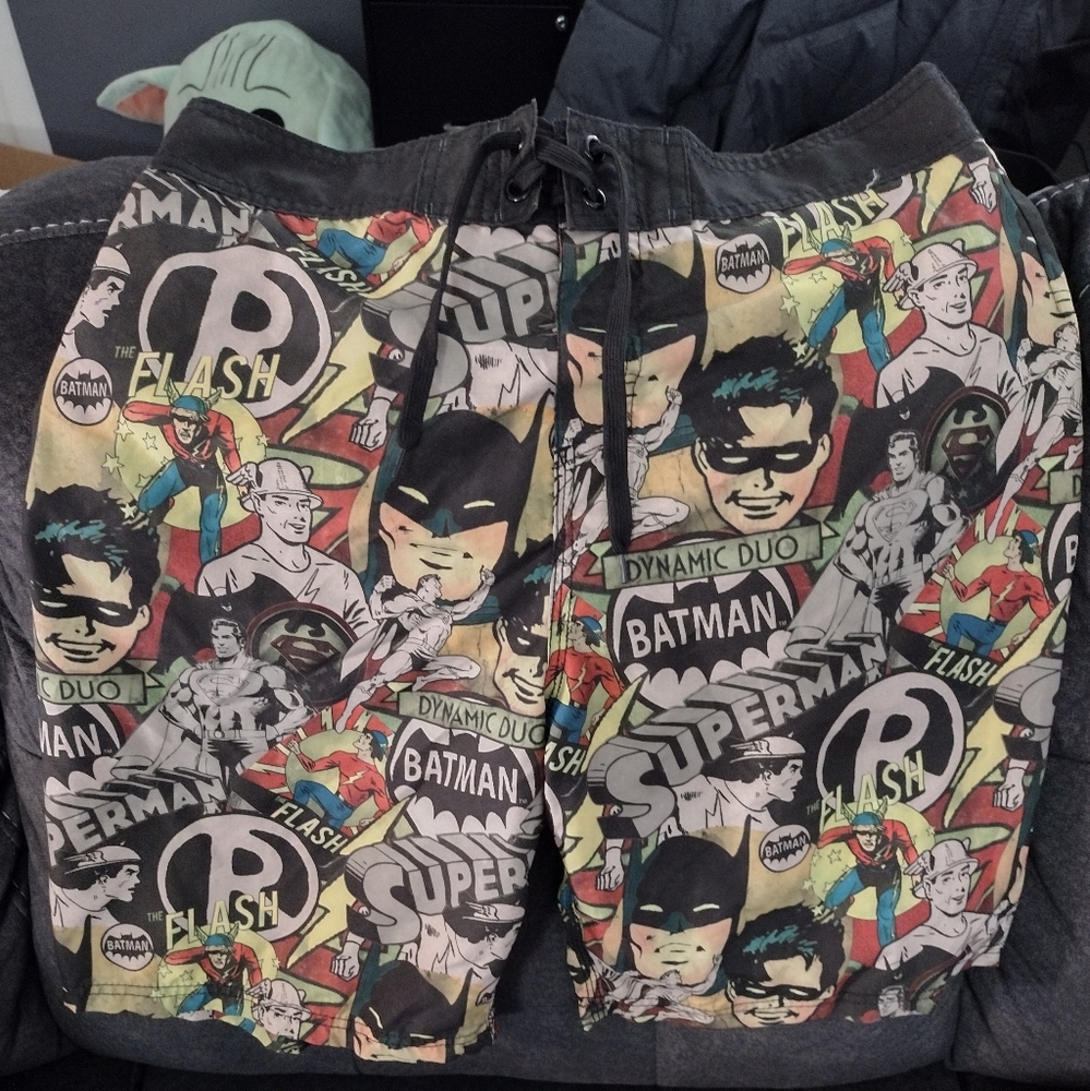 Men's DC Comics Batman Robin Flash Superman Swim Trunks Board Shorts  Sz XL